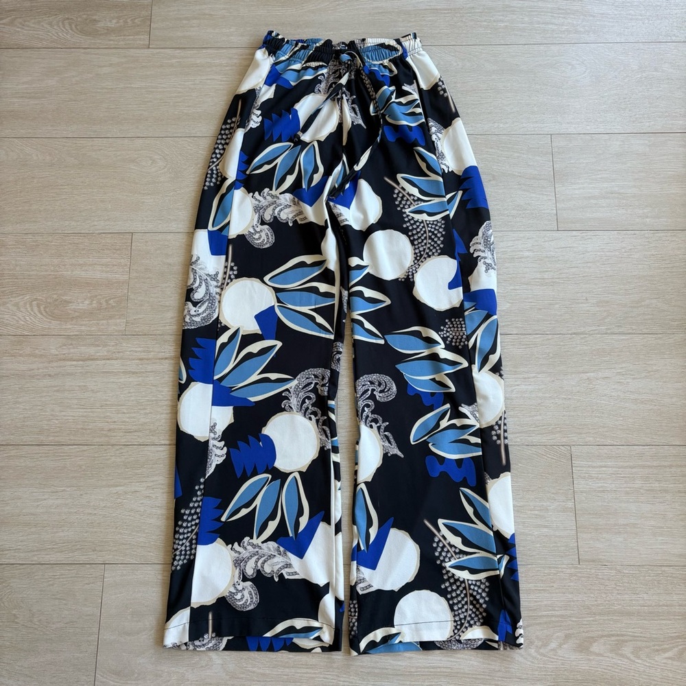 Vintage JUSTA PERALTA drawstring wide leg pStylish Abstract Print Wide-Leg Pants